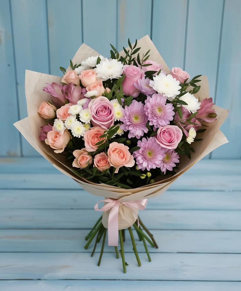 Букет цветов из: Хризантемы, Розы и Альстромерии в Бире