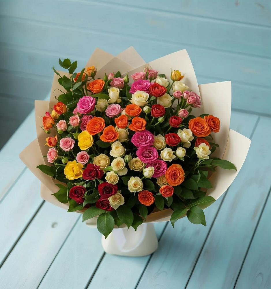 Букет Микс из разноцветных кустовых роз в Бире