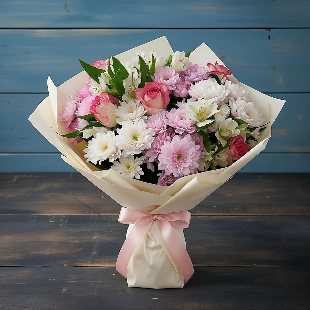 Букет цветов из: Хризантемы, Альстромерии и Розы в Бире